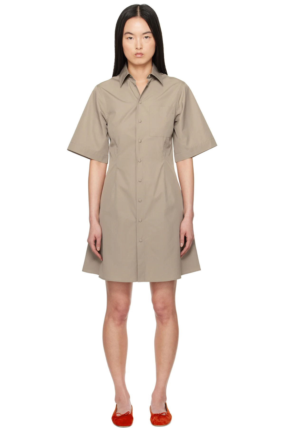 Taupe Cotton Short Sleeve Shirt Minidress