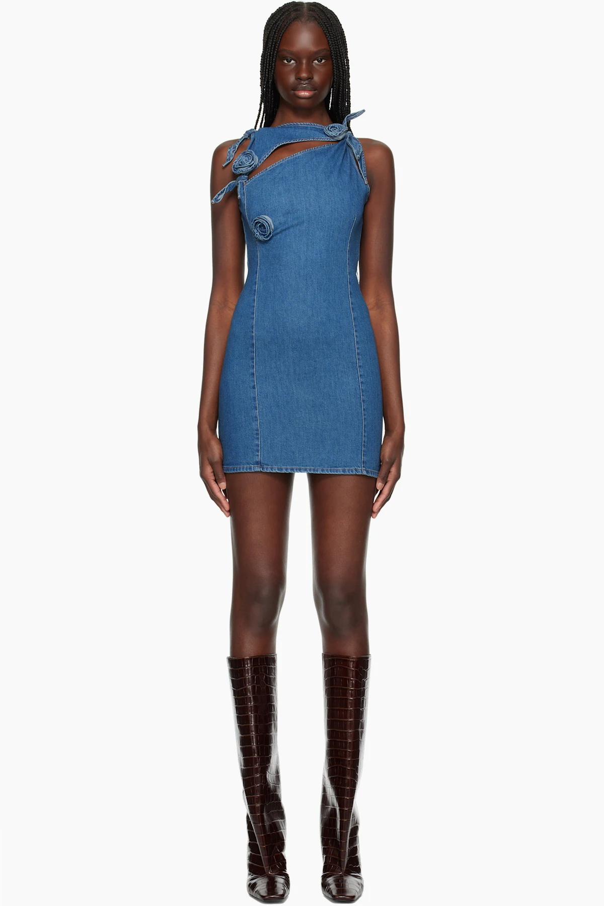 Blue Asymmetric Flower Denim Minidress