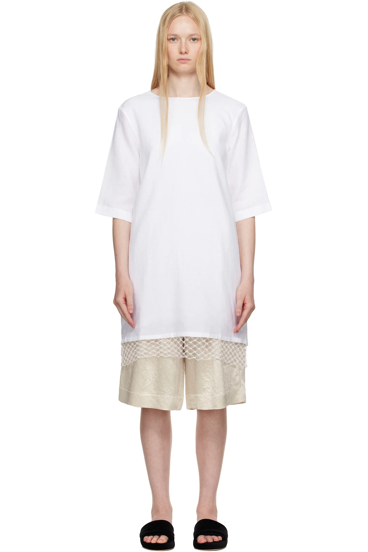 White T-shirt Cocoon Macrame Minidress