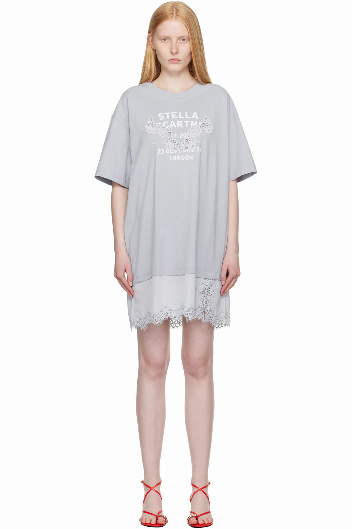 Blue Lace-Insert Graphic T-shirt Minidress