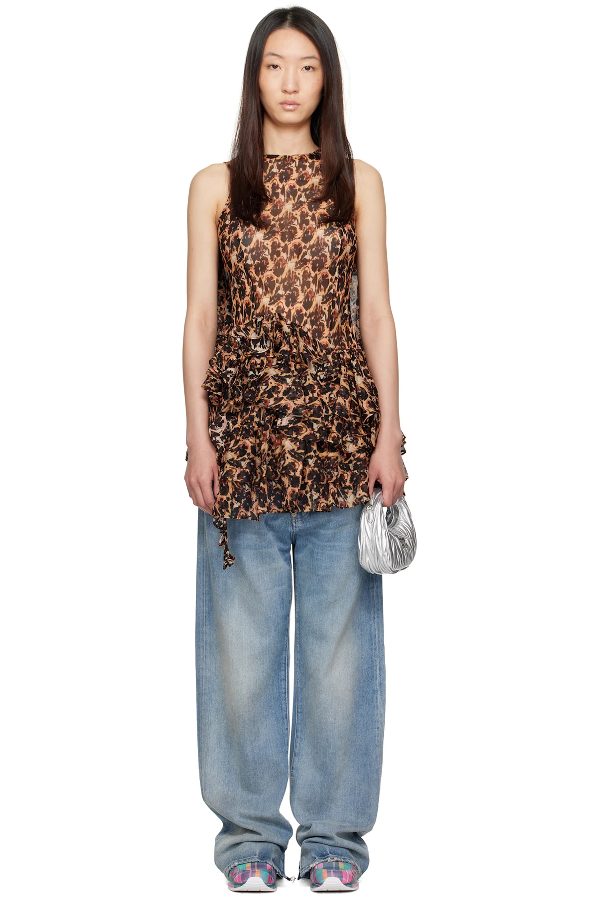 Brown & Black Silk Ruffle Minidress