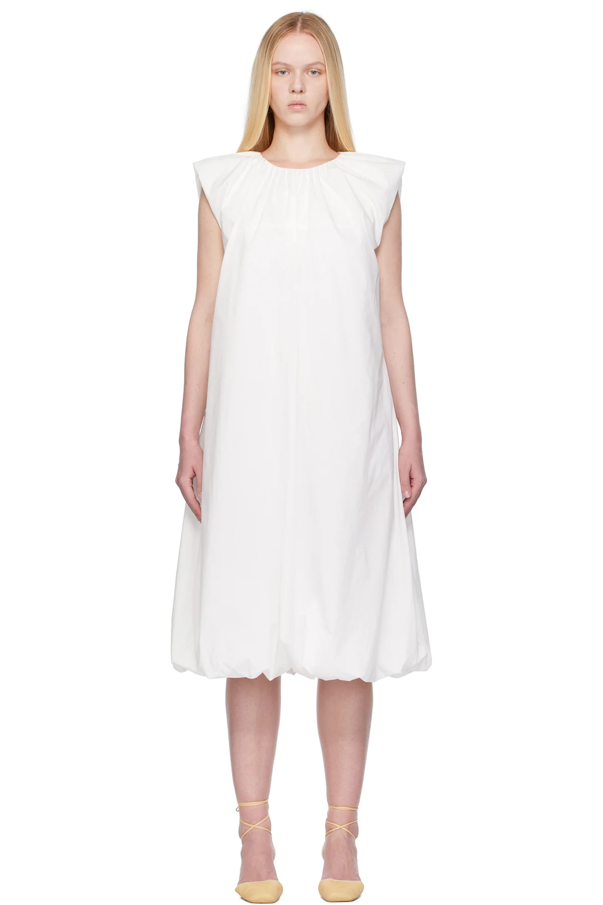 White Cotton Volume Shirring Minidress