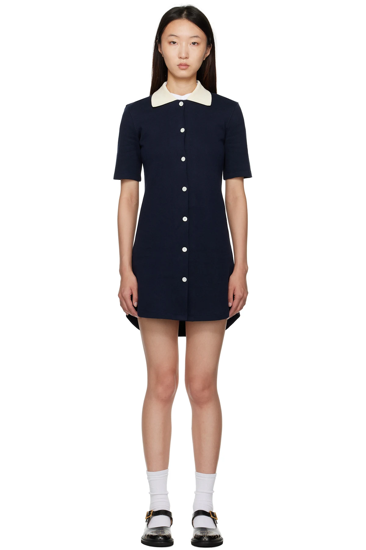 Navy Solid Double Face Knit Polo Minidress