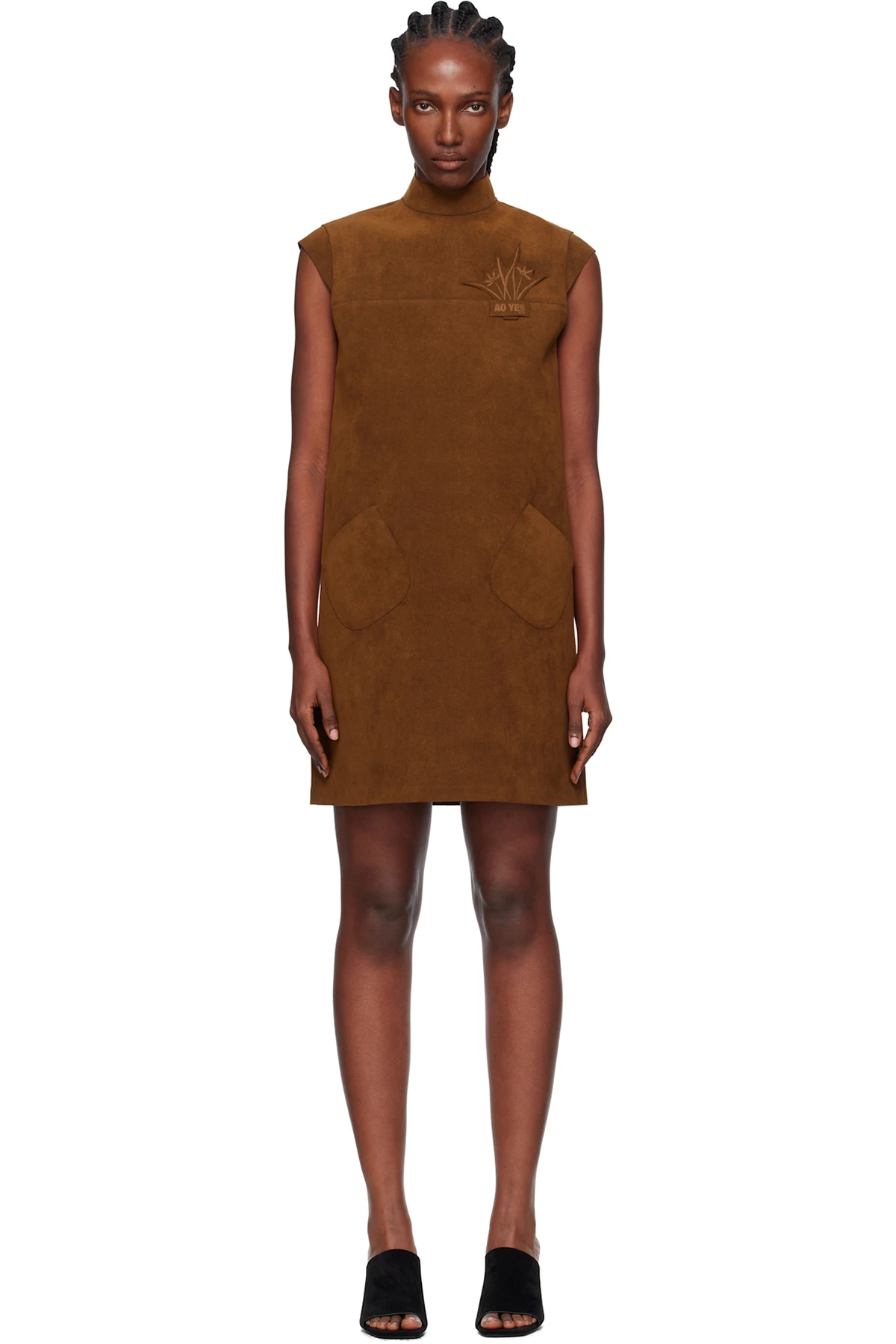 Brown Cap Sleeve Faux-Suede Minidress