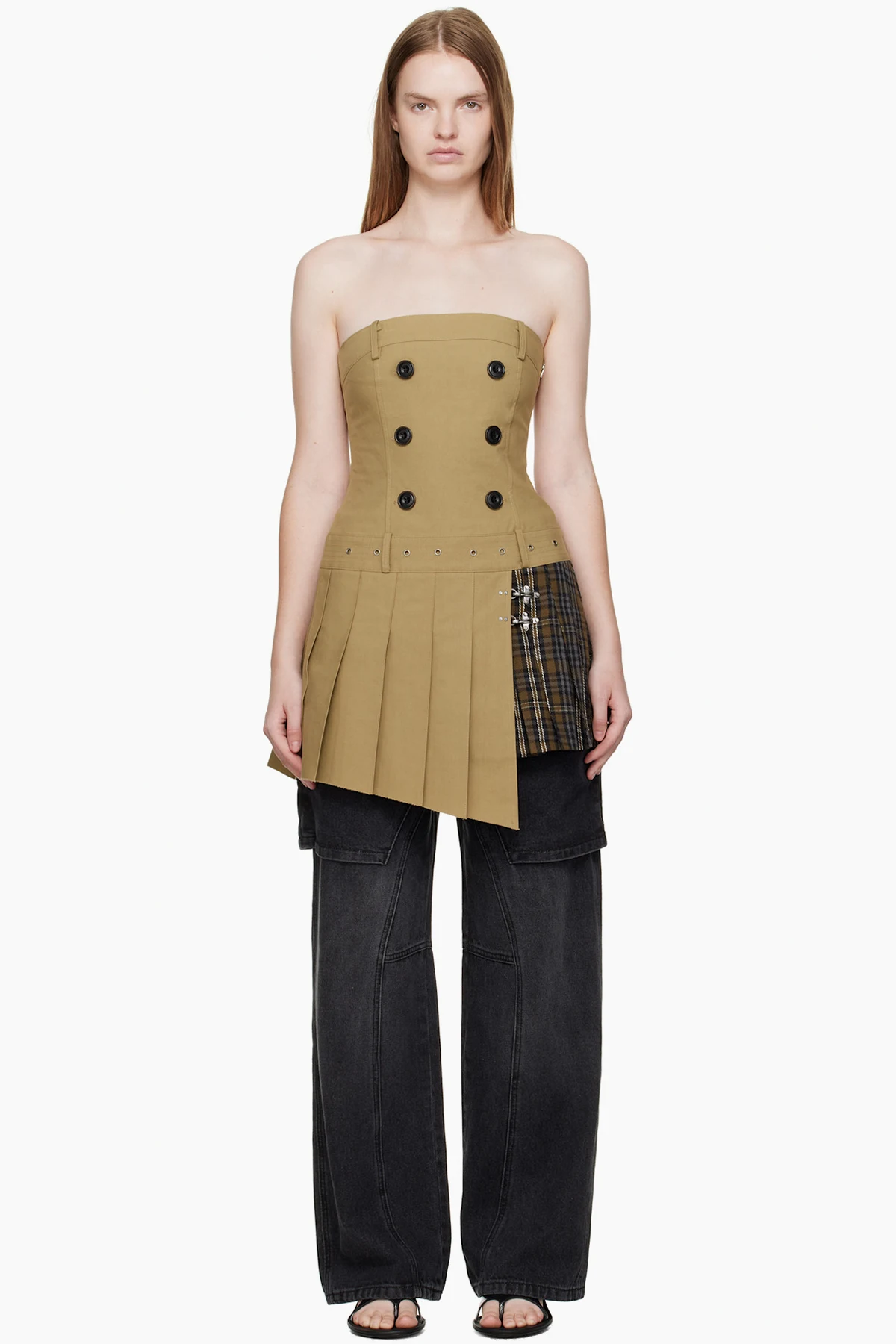 Beige Double Pleats Trench Minidress