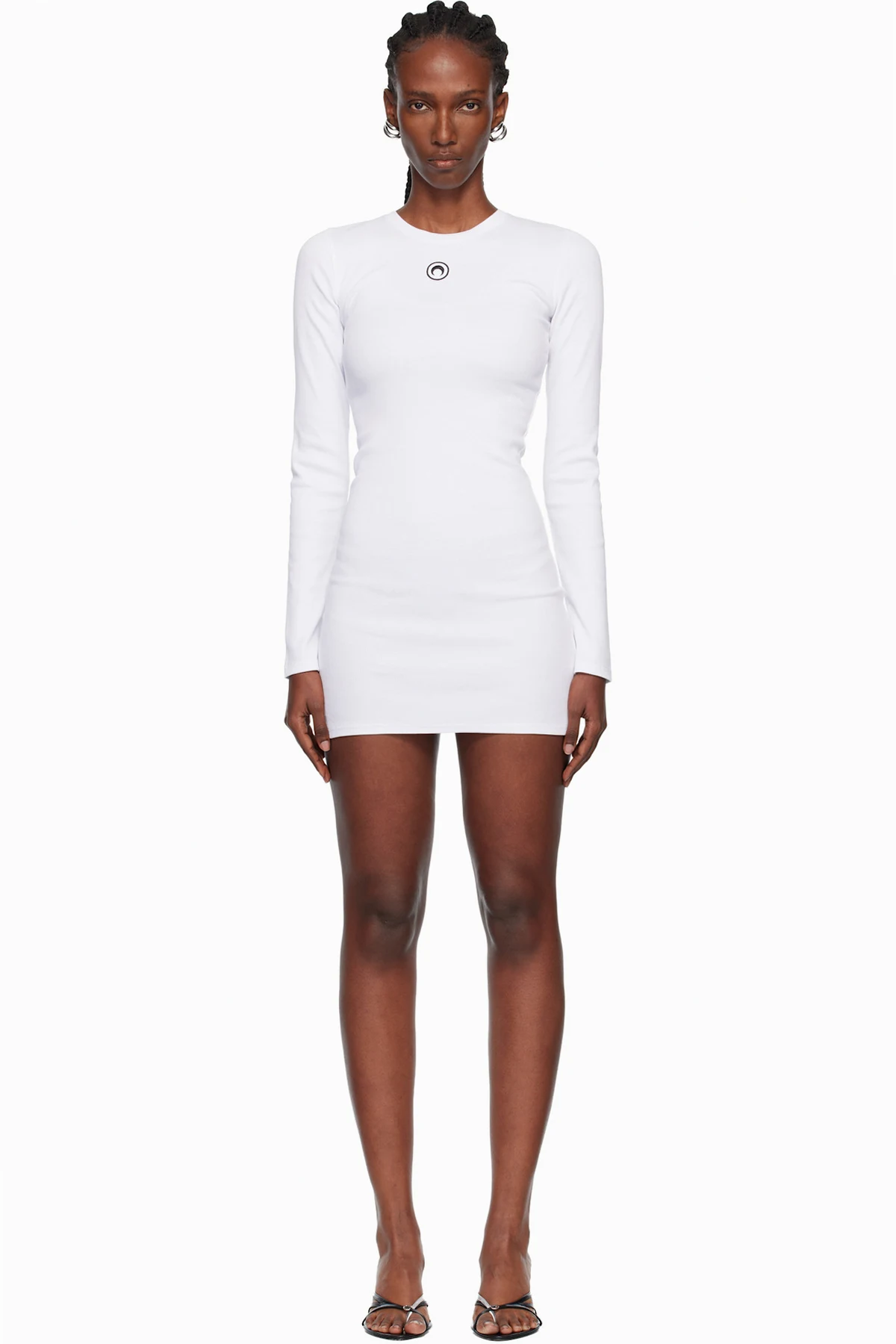 White Moon Logo Ribbed Jersey LS Crewneck Minidress