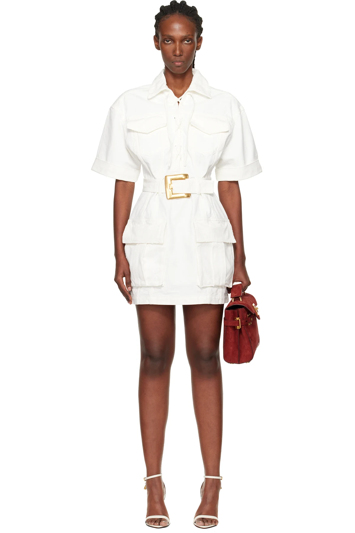 White Lace-Up Canvas Minidress