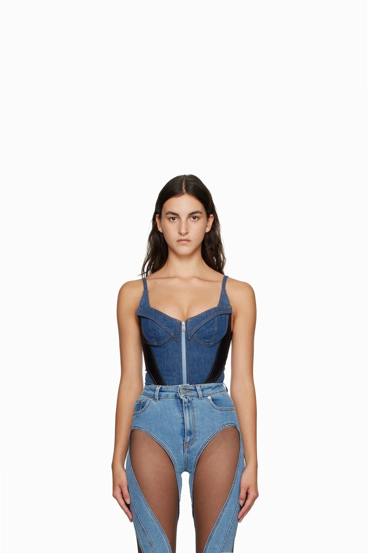 Blue & Black Paneled Denim Bodysuit