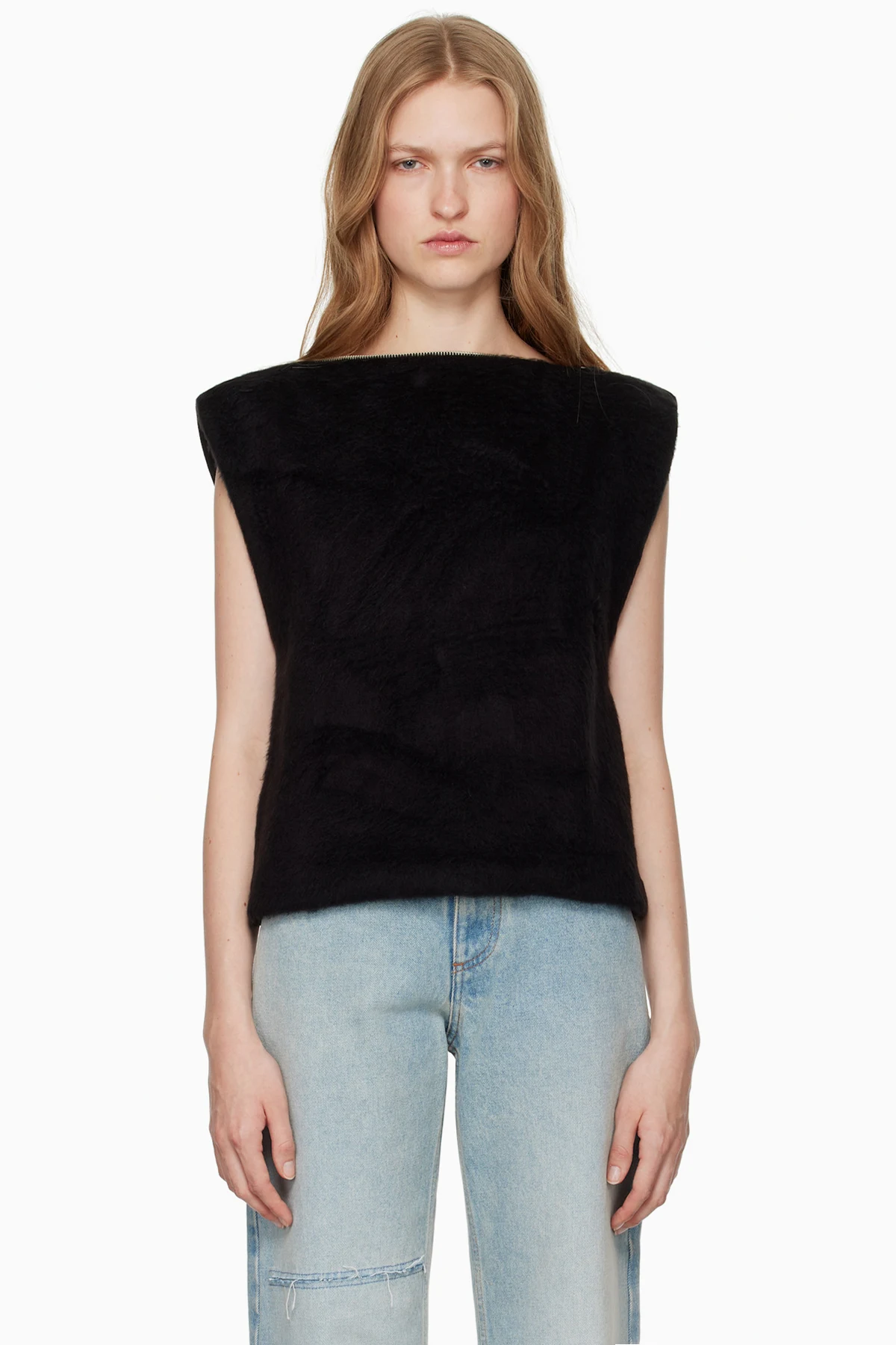 Black Furry Fleece & Cotton Jersey Blouse