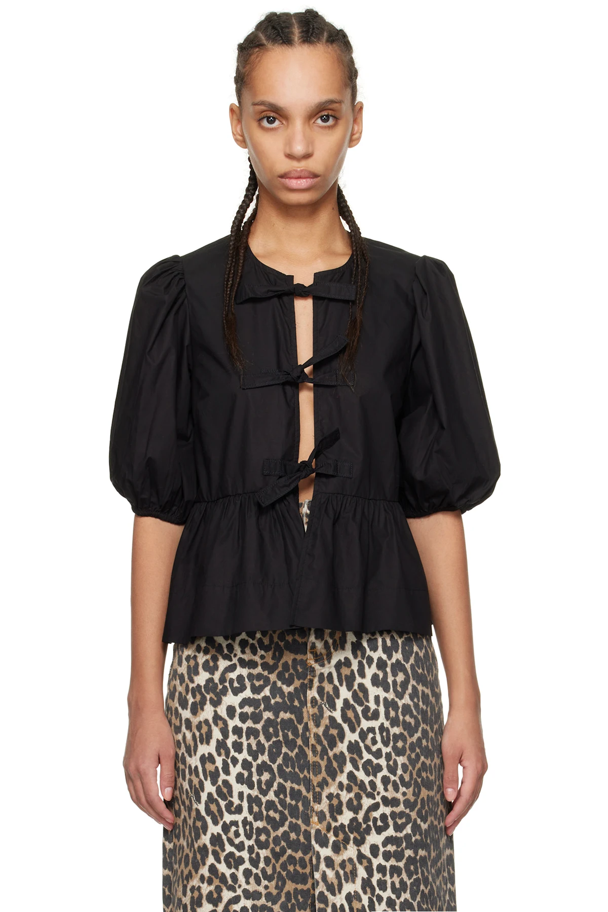 Black Cotton Poplin Peplum Tie Blouse