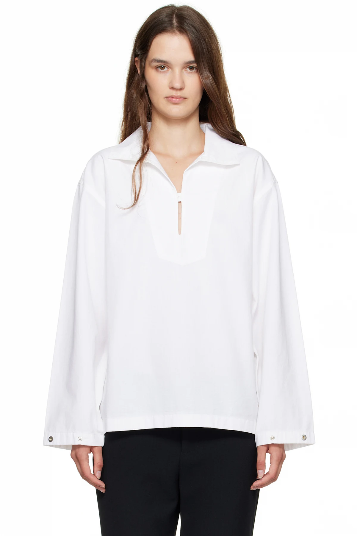 White Tab Detail Denim Blouse