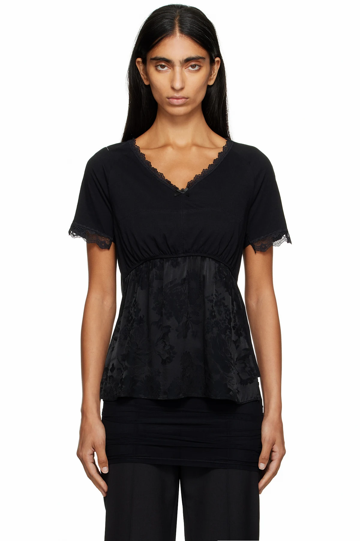 Black Cotton Jersey & Lace T-shirt