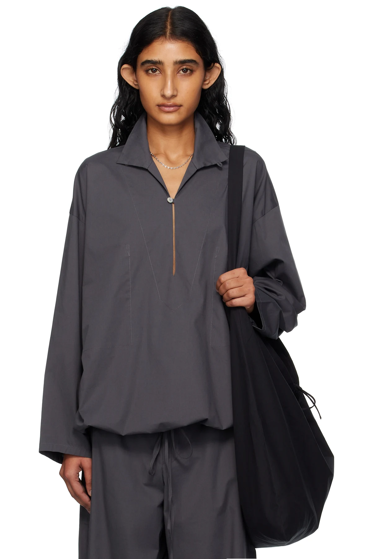 Gray Stretch Cotton Micro Faille Vareuse Blouse