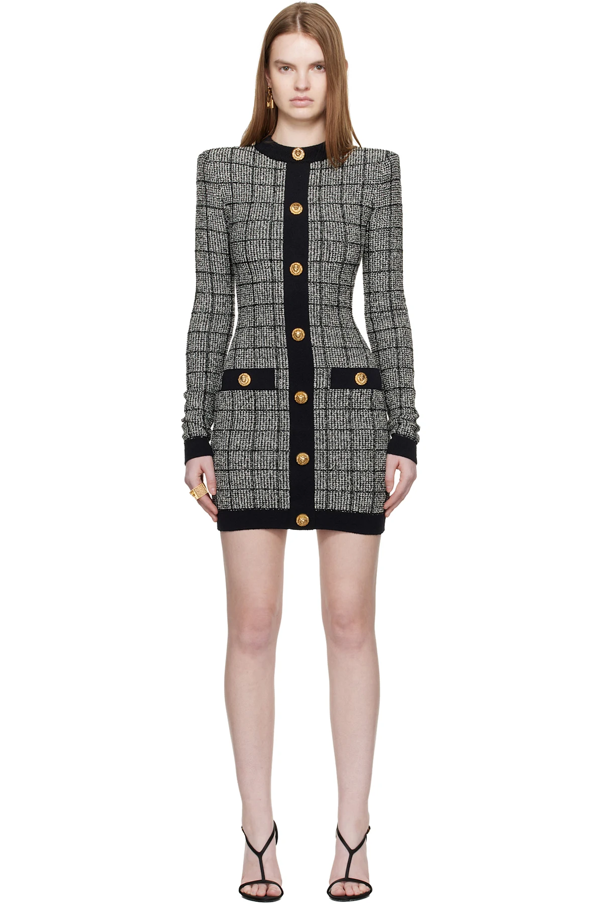 Black & White Buttoned Light Tweed Minidress