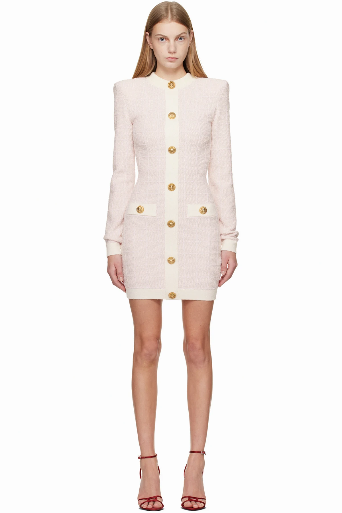 Pink LS Buttoned Light Tweed Minidress