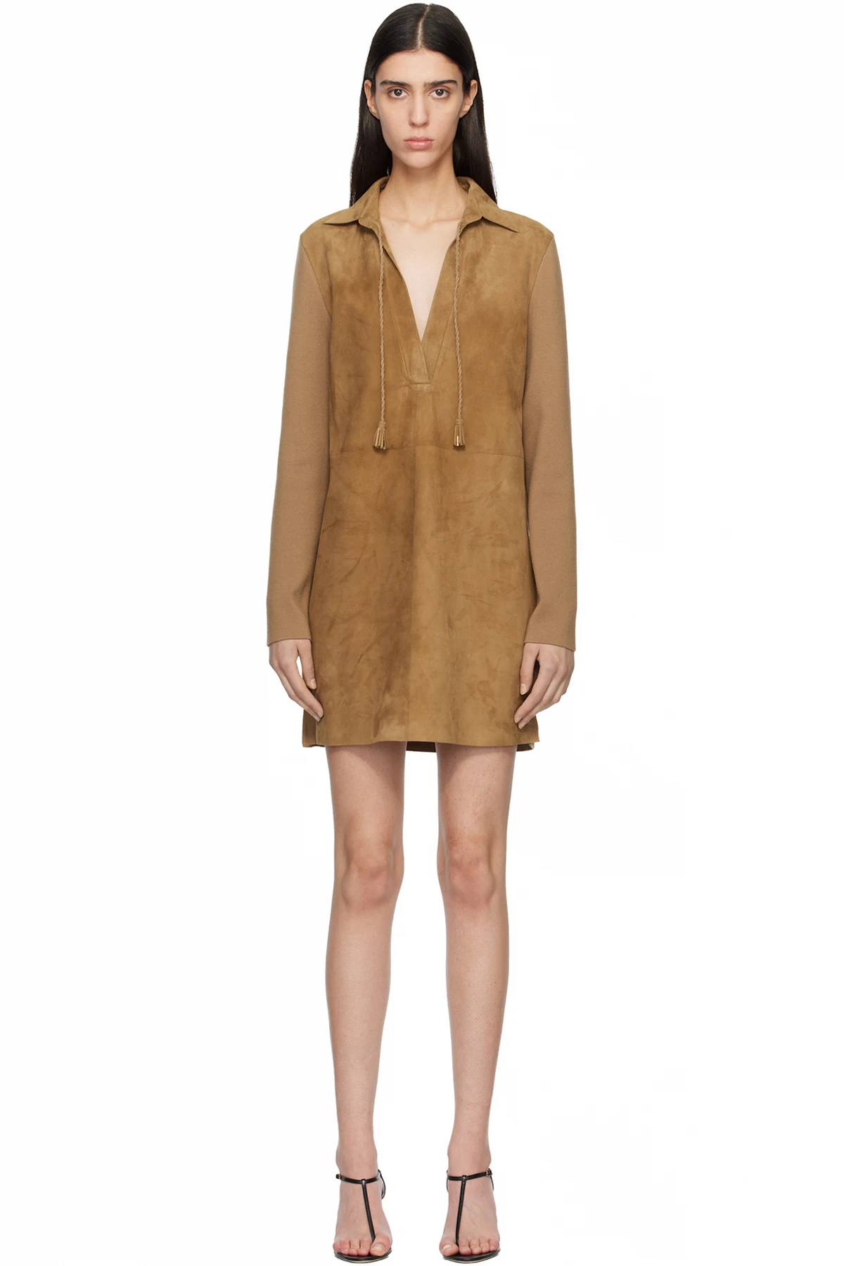 Tan Lamb Suede Interlock Knit Polo Minidress