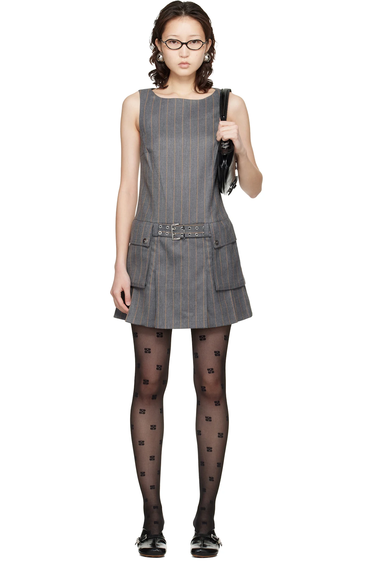 Gray Wool Stripe Belted Minidress