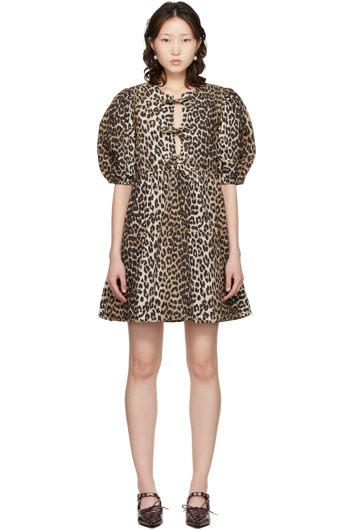 Beige Leopard Printed Cotton Tie String Minidress