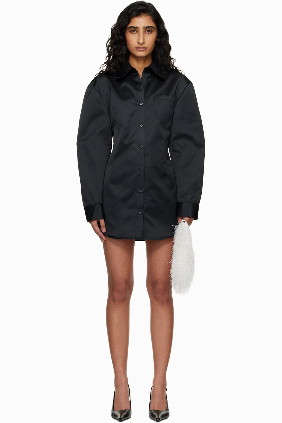 Black Akita Satin Cinched Shirt Minidress