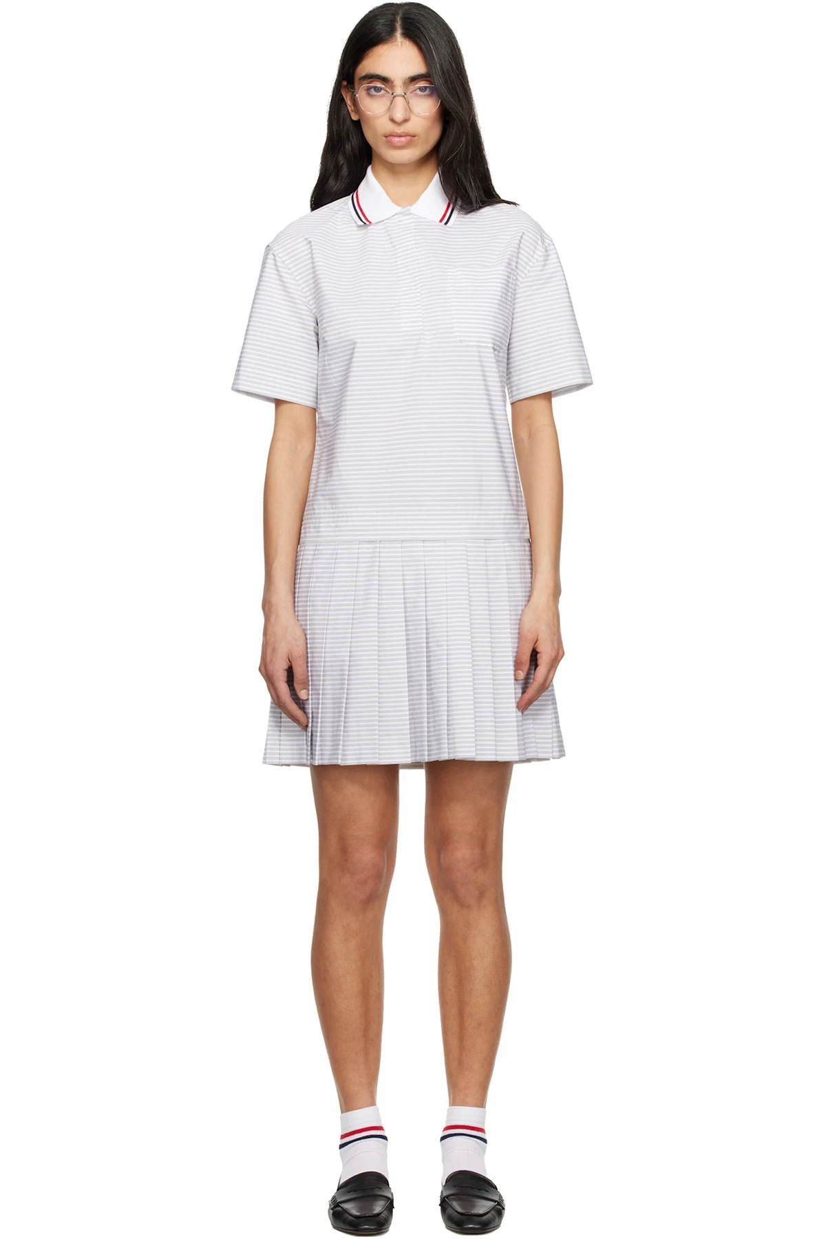 Gray Pleated Polo 4 Bar Stripe Poplin Minidress