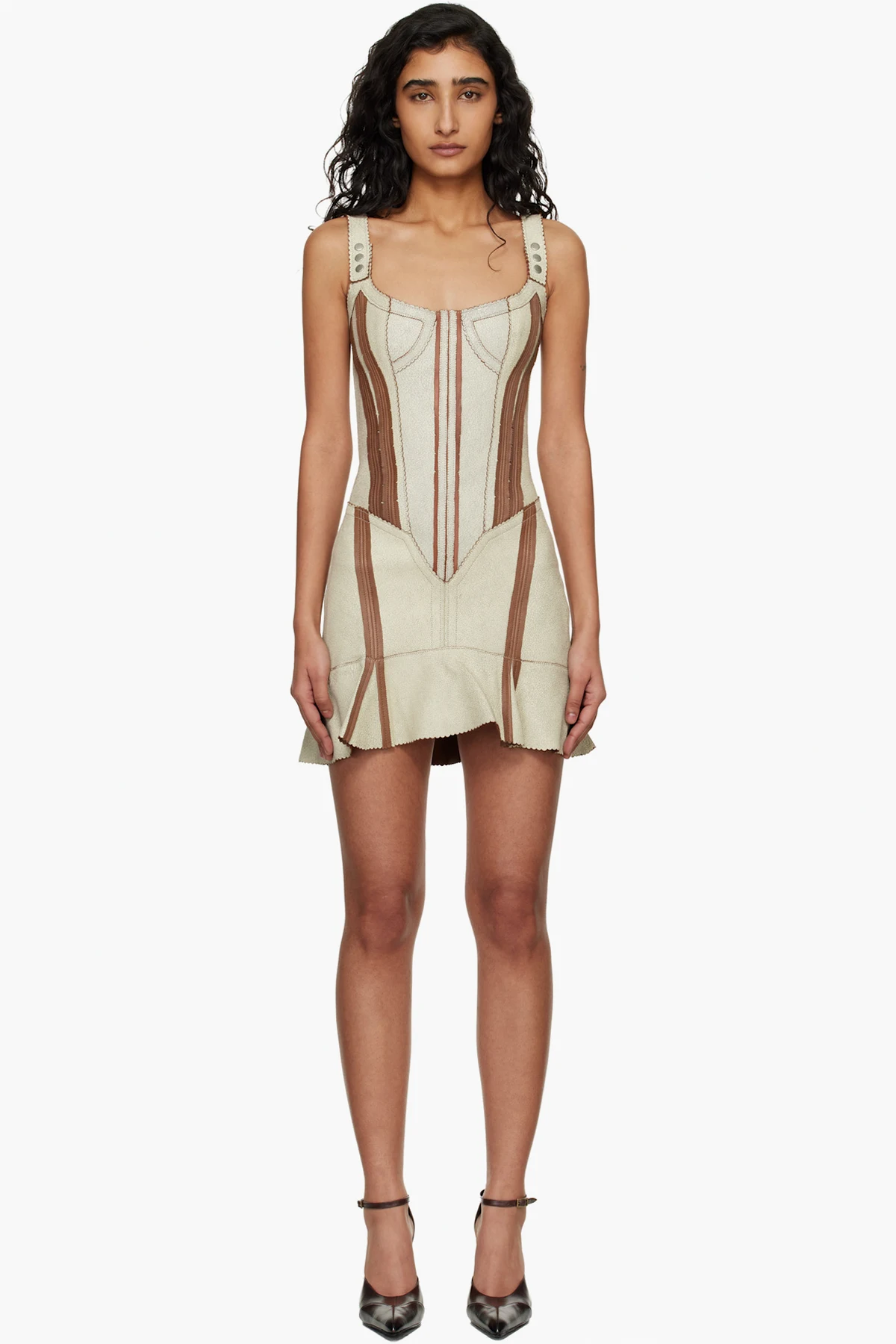 Taupe & Brown Scallop Leather Minidress