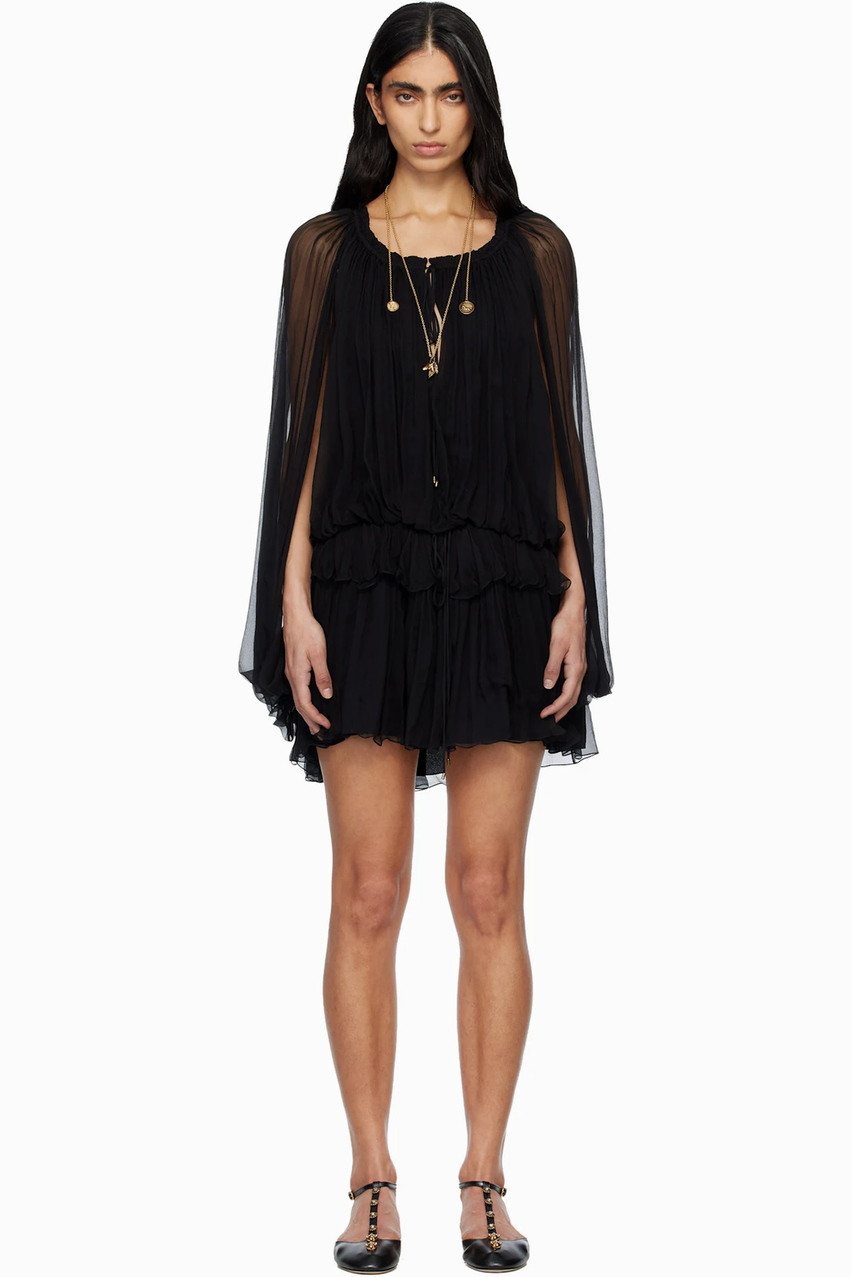 Black Silk Mousseline Cape Minidress