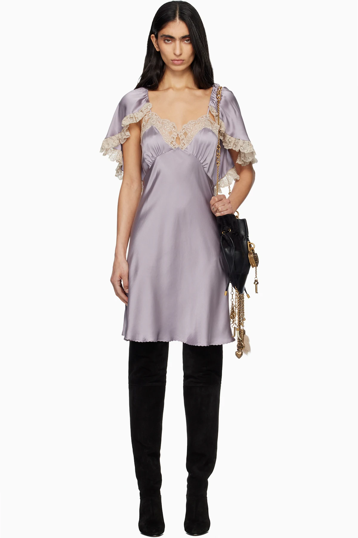 Purple Washed Silk Satin & Lace Cape Minidress