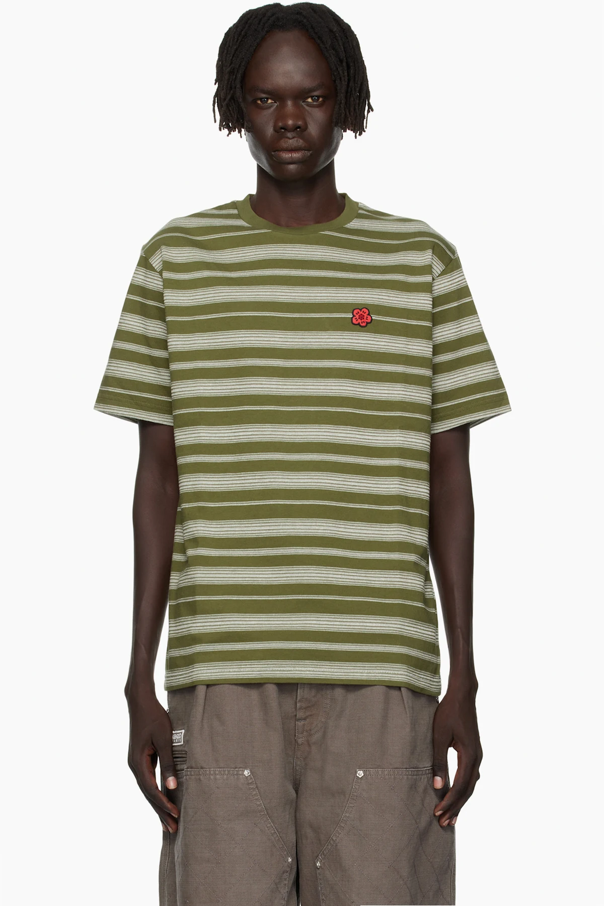 Khaki Kenzo Paris 'Boke Flower' Striped Embroidered T-shirt