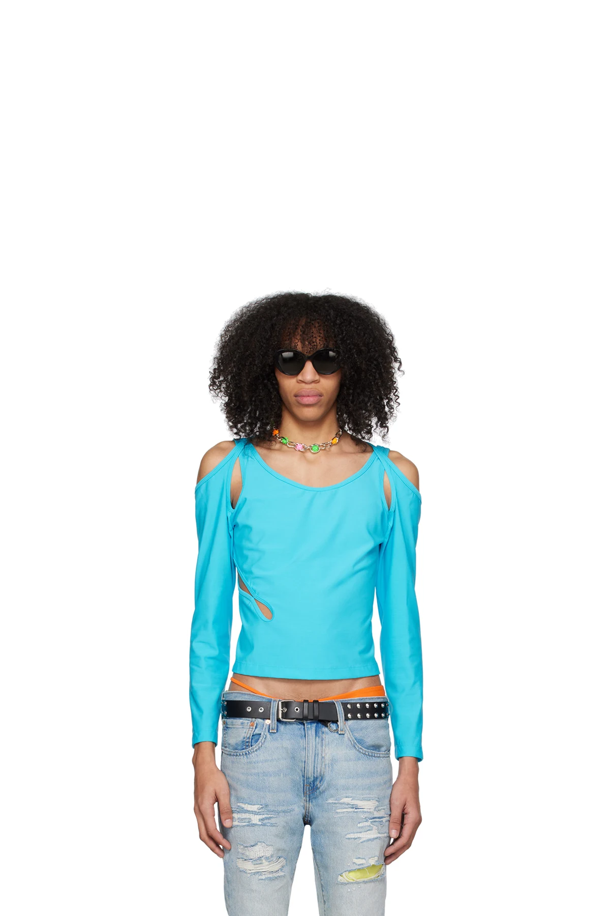 Blue Cutout Long Sleeve T-Shirt