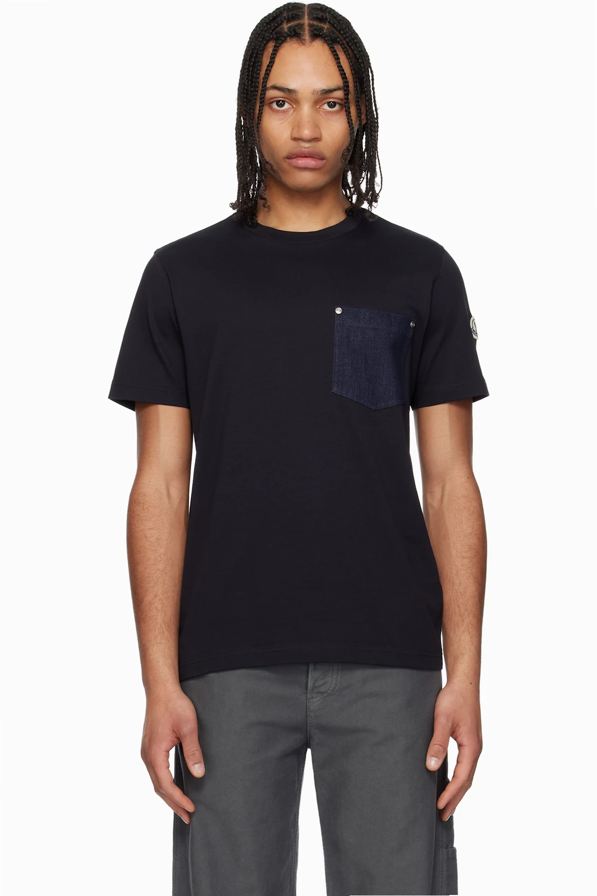 Navy Cotton & Denim Pocket T-shirt