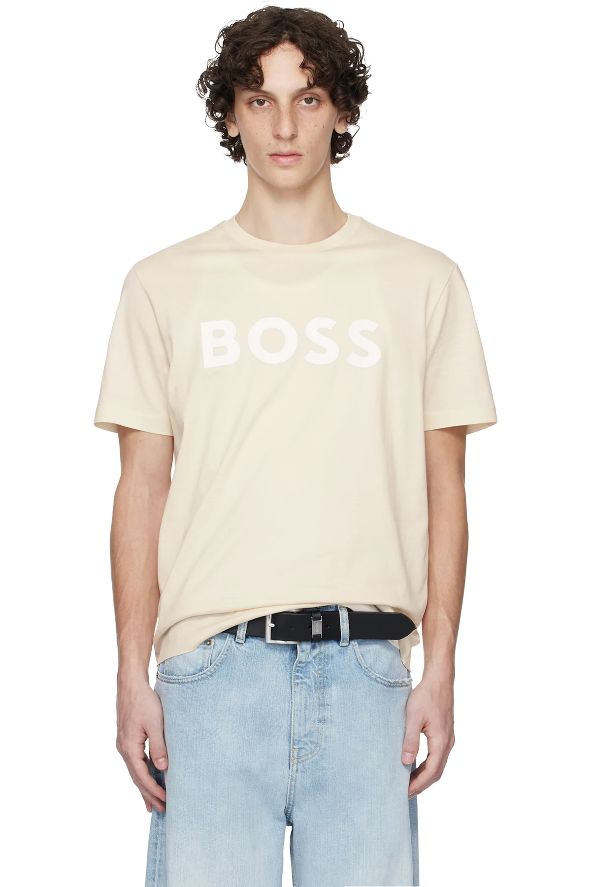 Beige Cotton-Jersey Logo Print T-shirt