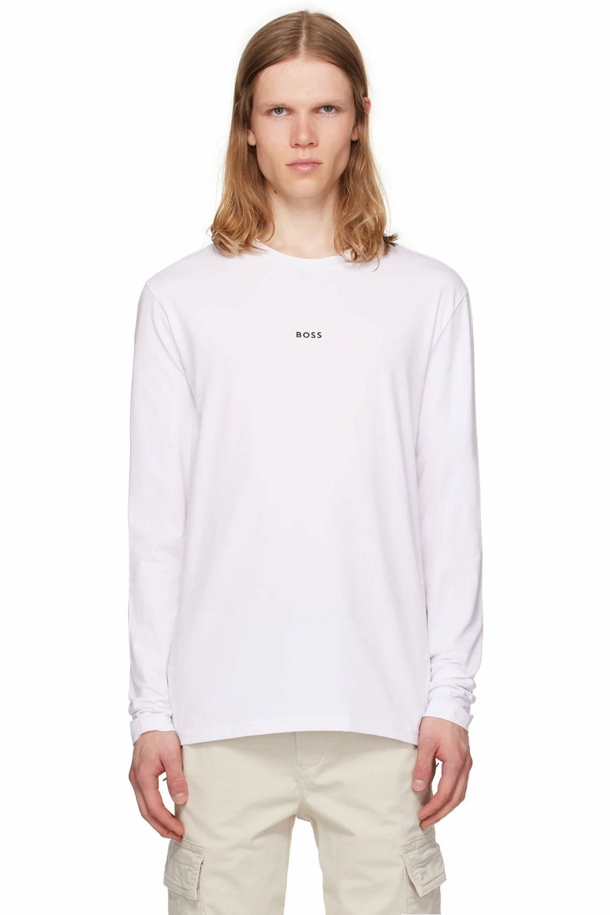 White Long-Sleeved Stretch Cotton Logo Print T-shirt