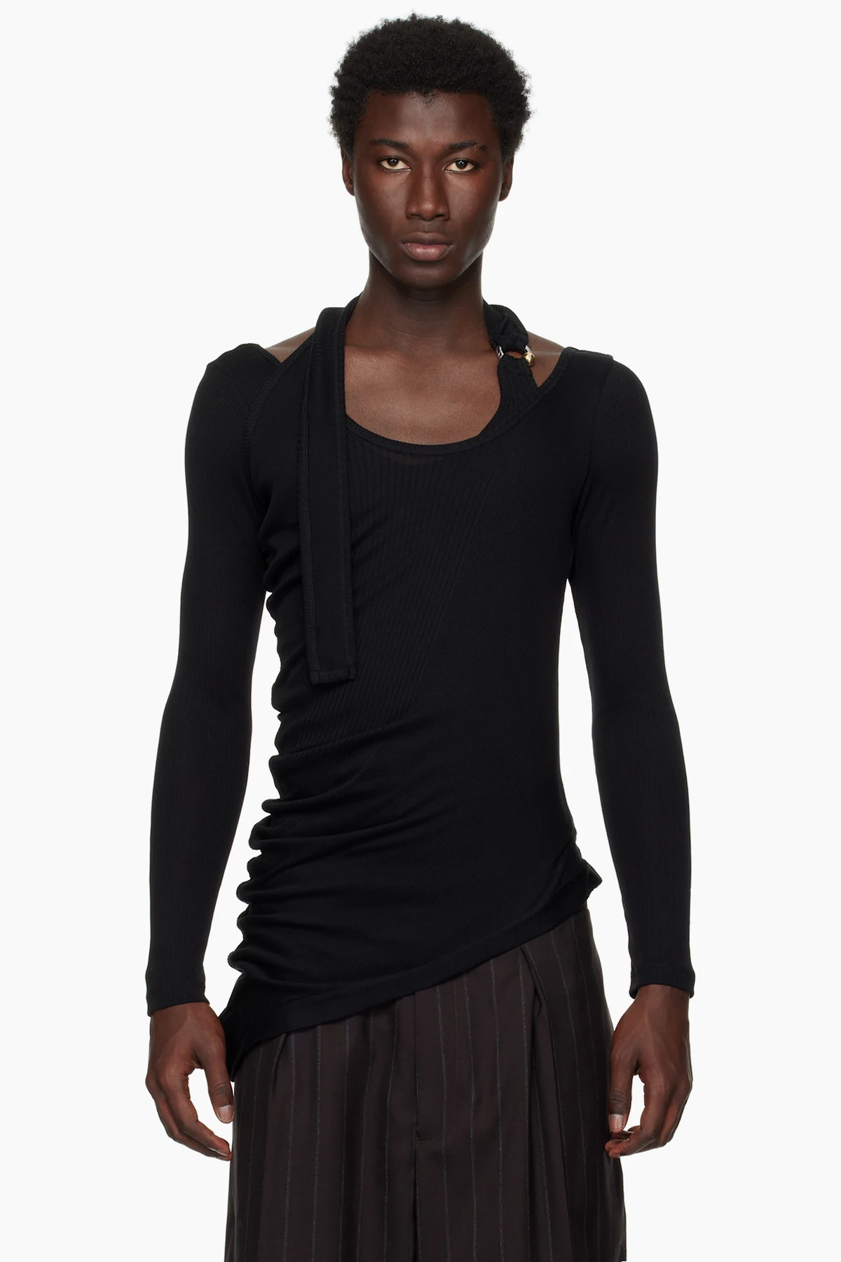 Black Ribbed Twisted Double Layer Piercing T-shirt