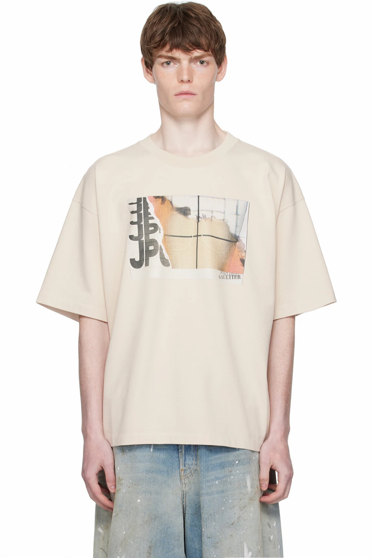 Beige Oversized Printed Fire T-shirt