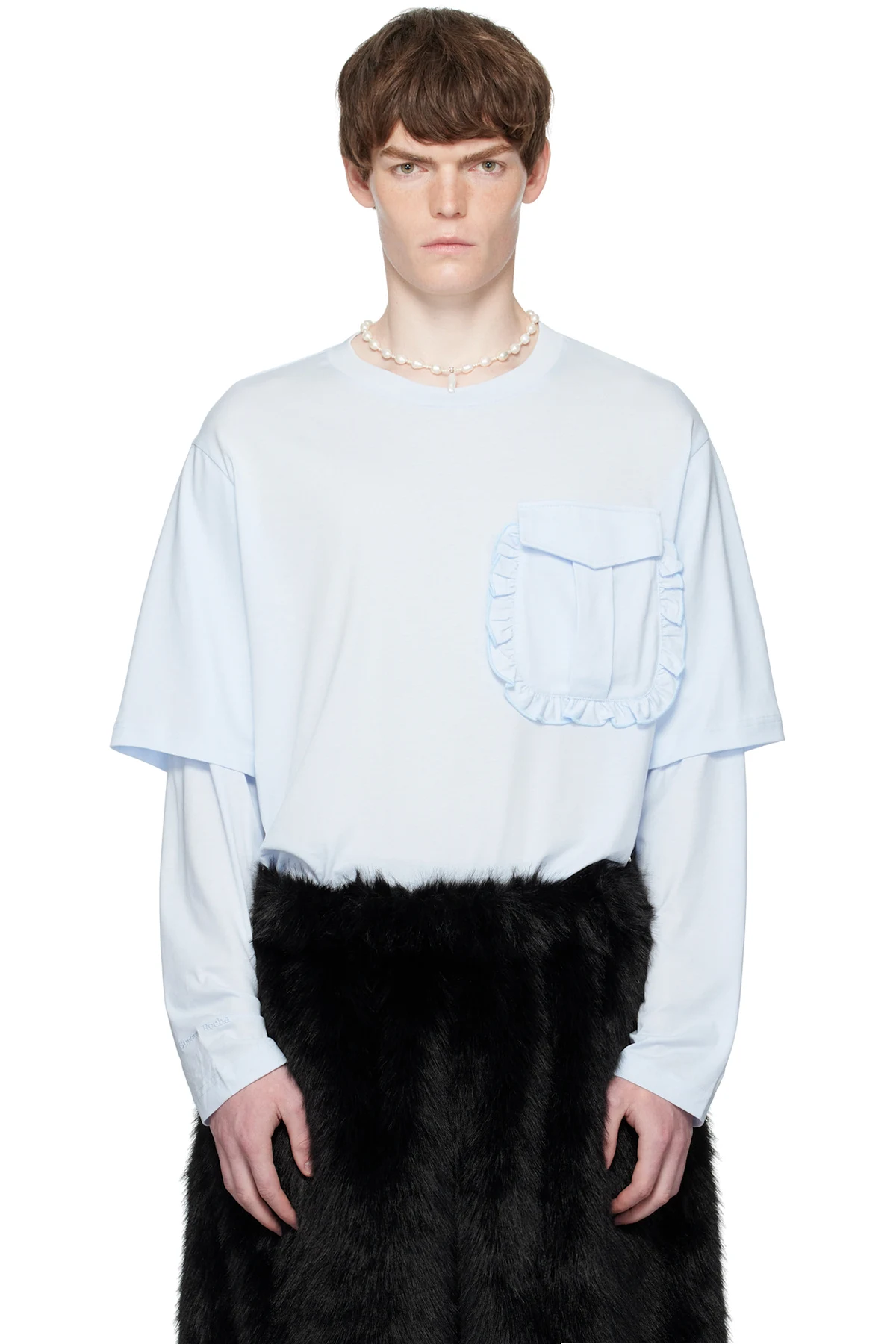 Blue Layered Ruffle Pocket Long Sleeve T-shirt