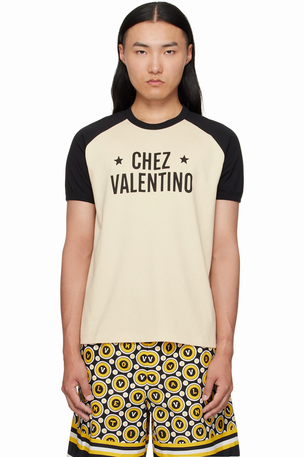 Beige & Black 'Chez Valentino' Print Cotton T-shirt