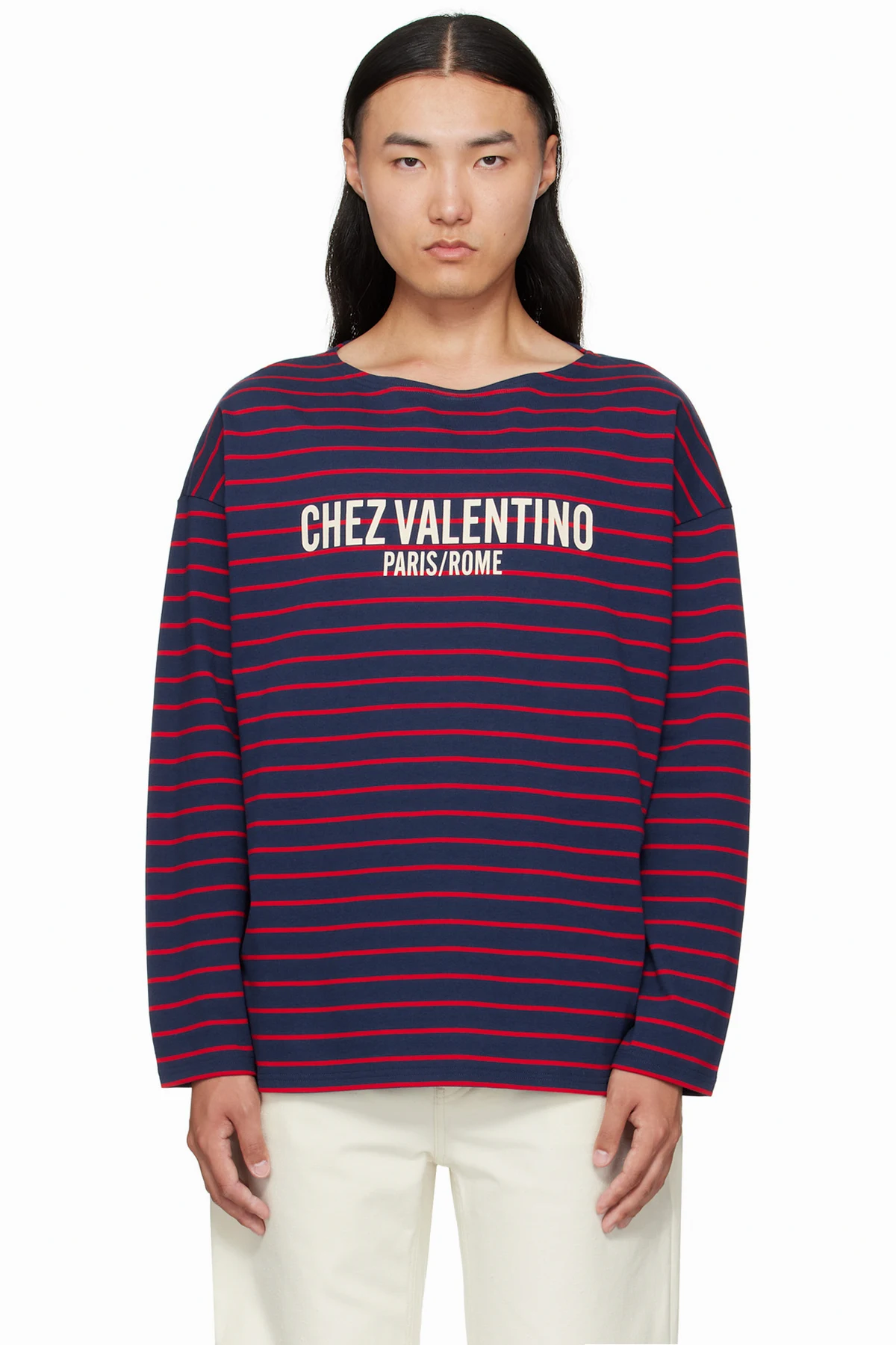Red & Navy 'Chez Valentino' Print Long-Sleeved Cotton T-shirt