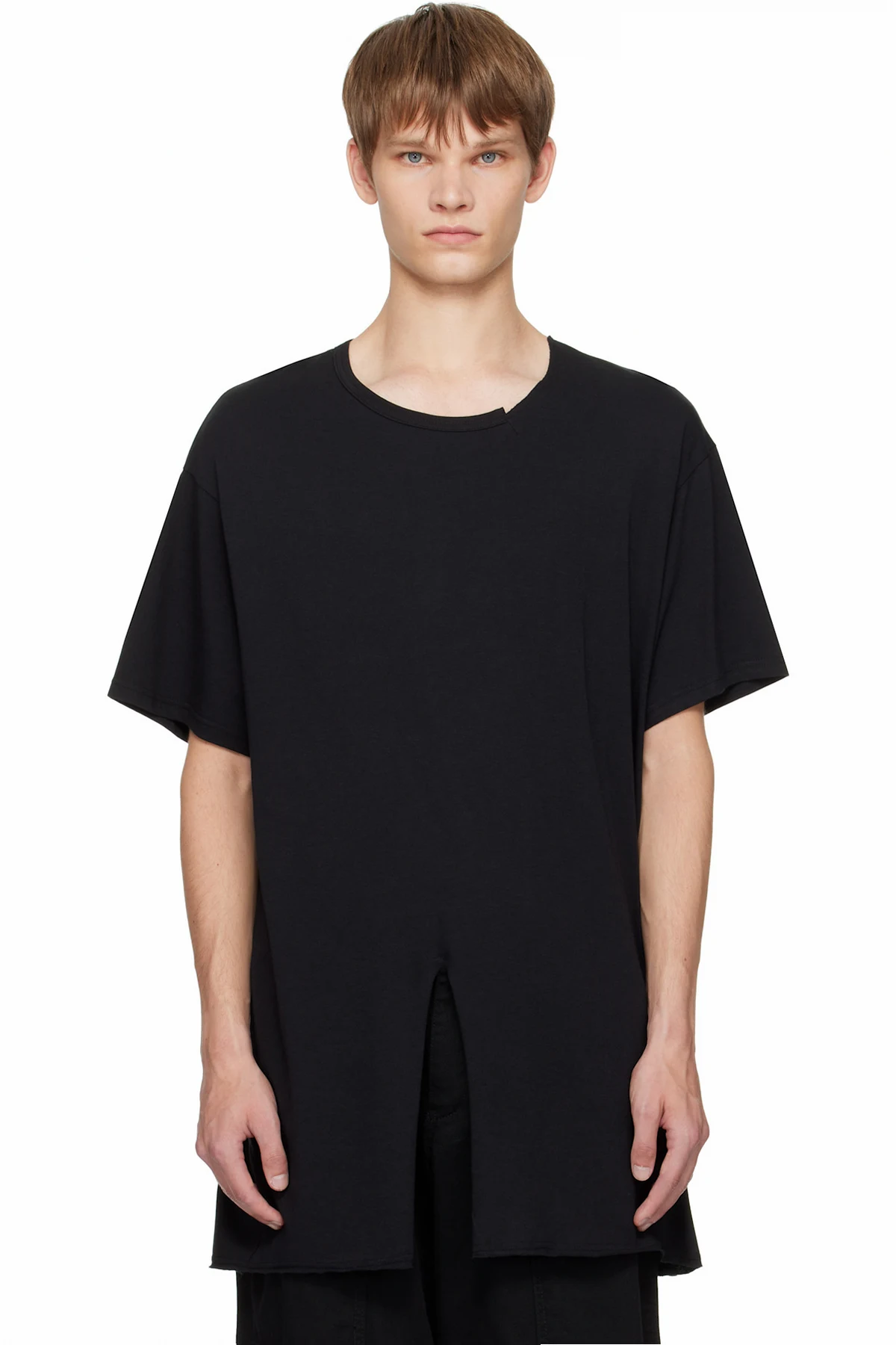 Black Single Jersey Slit Round Neck T-shirt