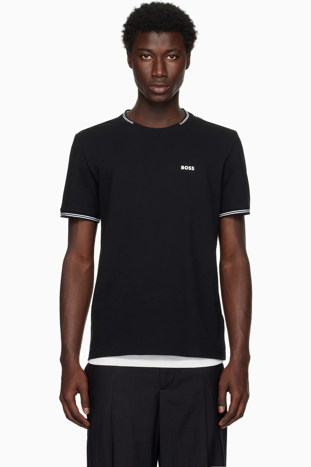Black Stretch-Cotton Stripes & Logo T-shirt