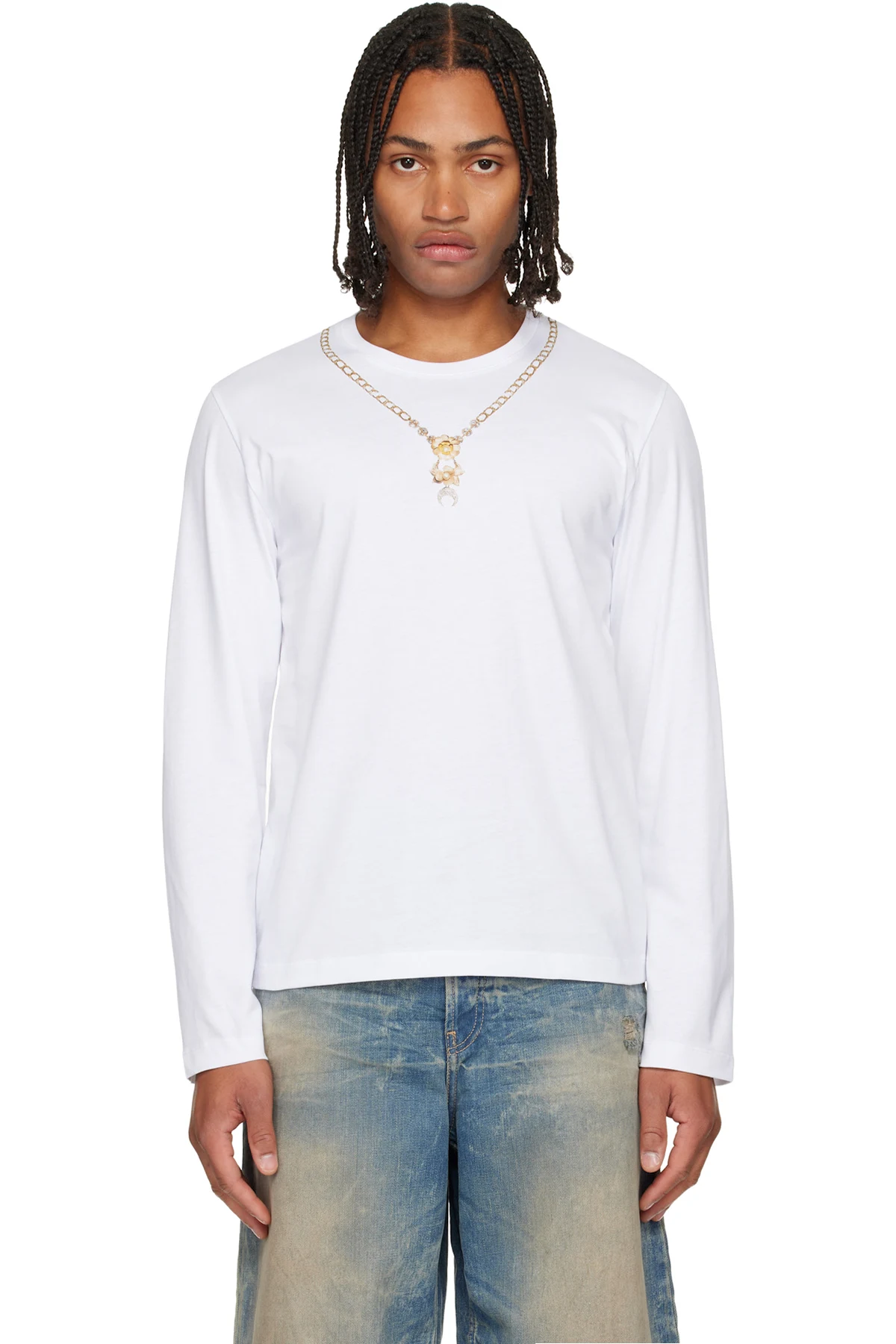 White Trompe L'Œil Jewelry Jersey LS T-Shirt