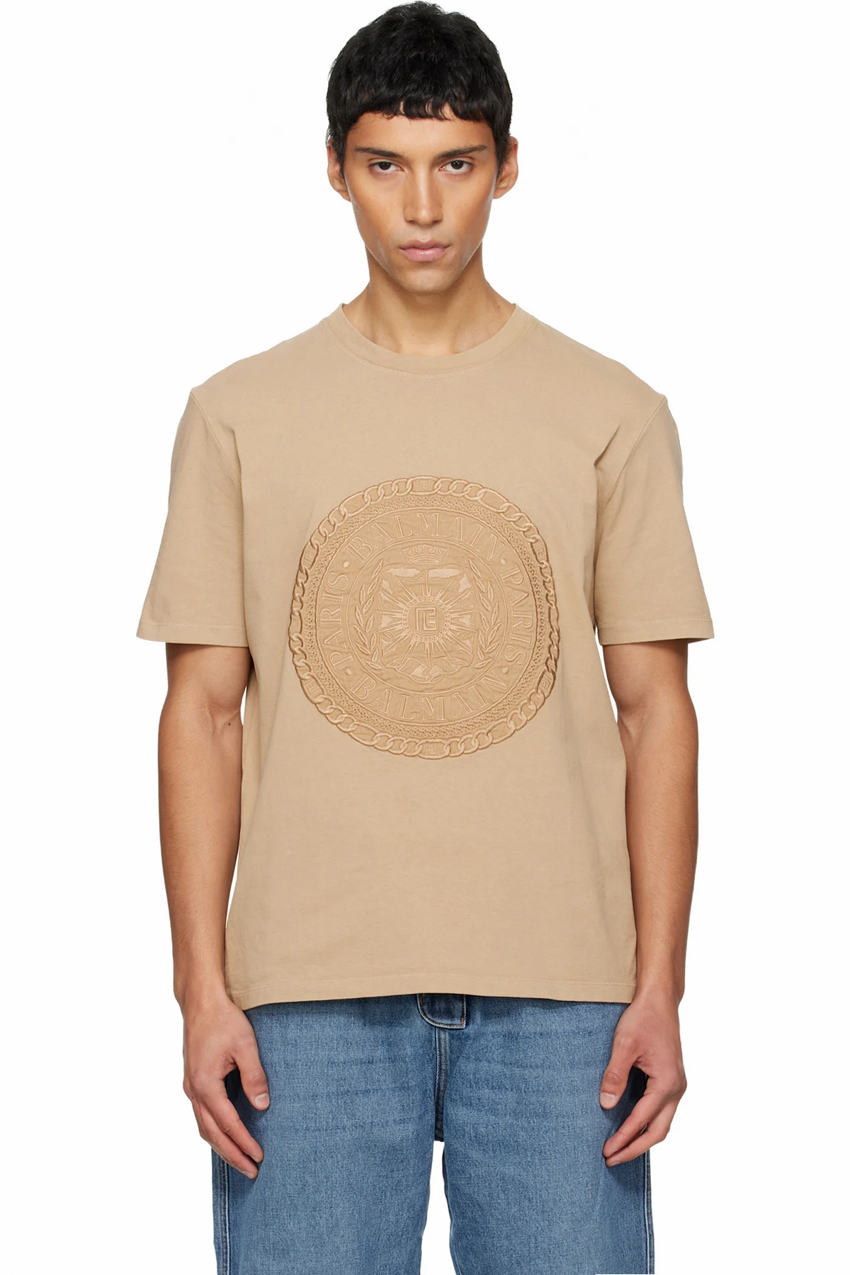 Beige Embroidered 'Balmain' Médaille T-shirt