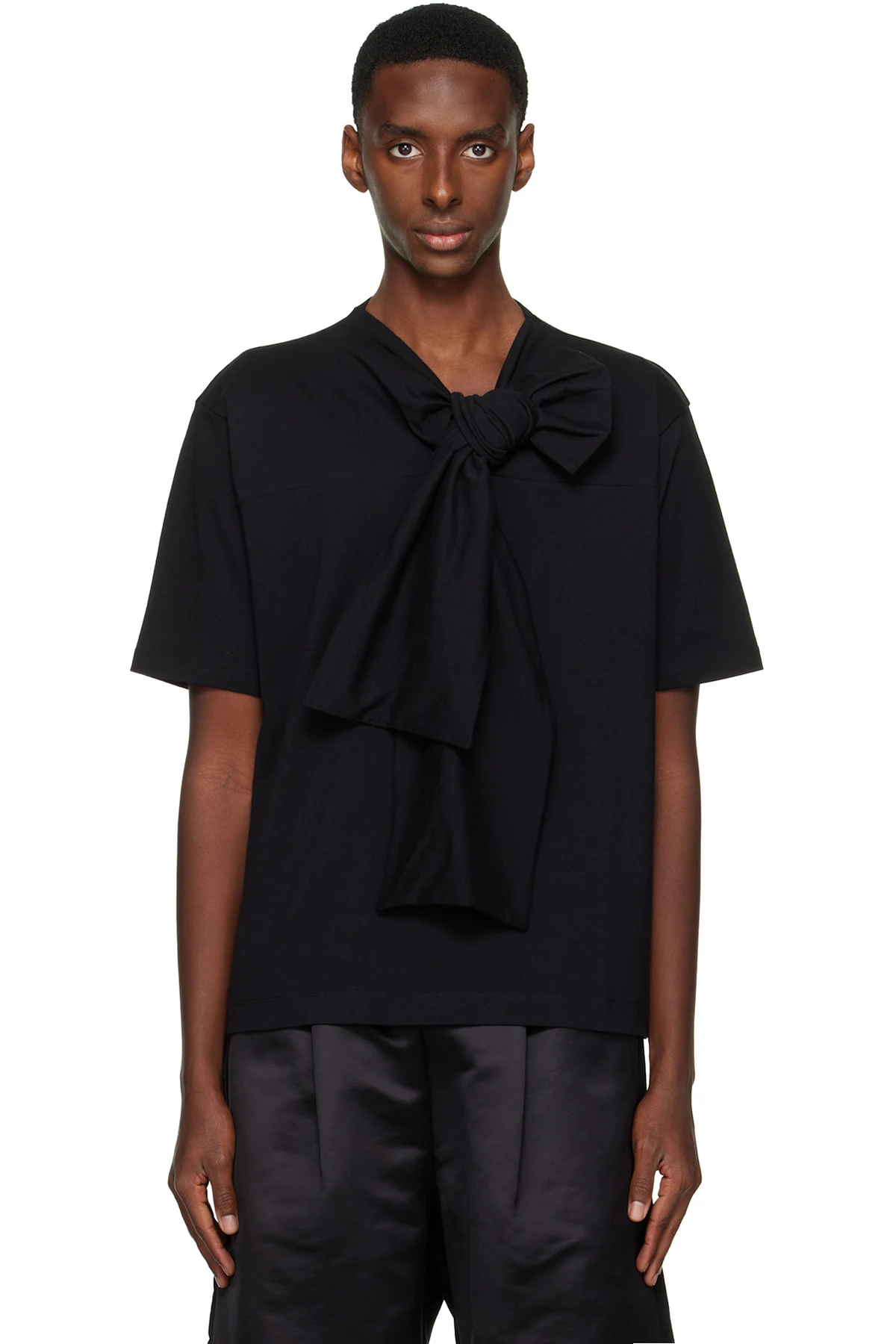 Black Bow Neck Cotton T-shirt
