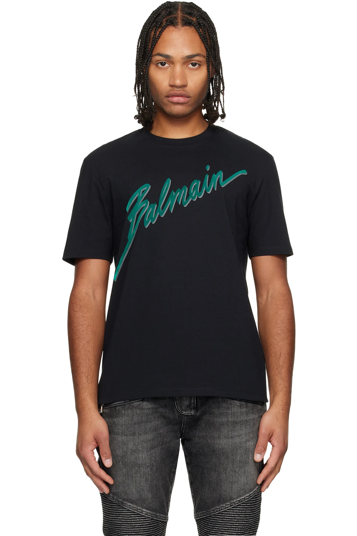 Black 'Balmain' Lettre Flocked T-shirt