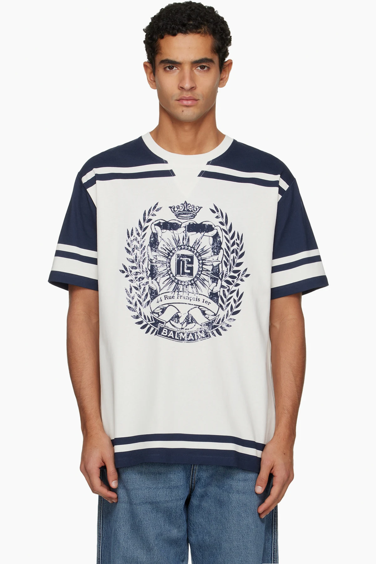 White & Navy Varsity 'Balmain' Écusson Print T-shirt