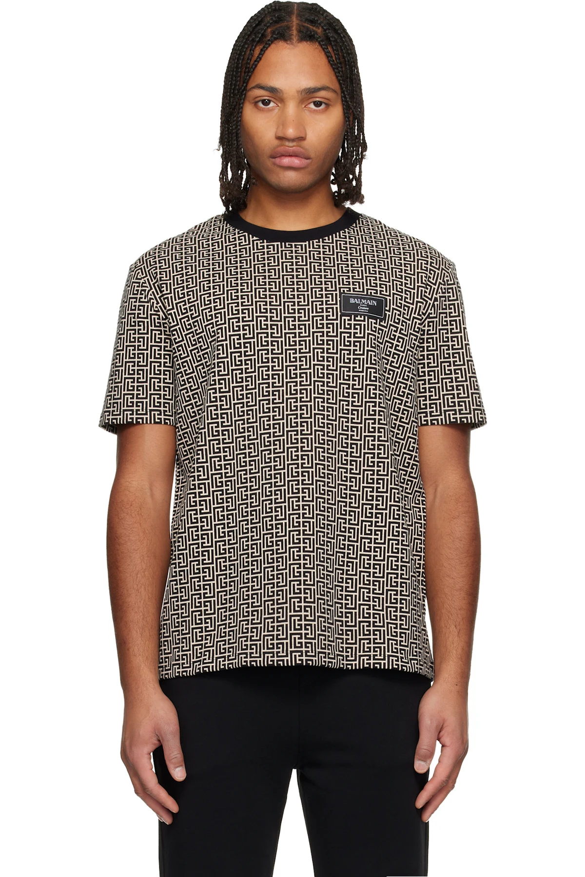 Black & Beige Monogrammed 'Balmain Couture' Label T-shirt