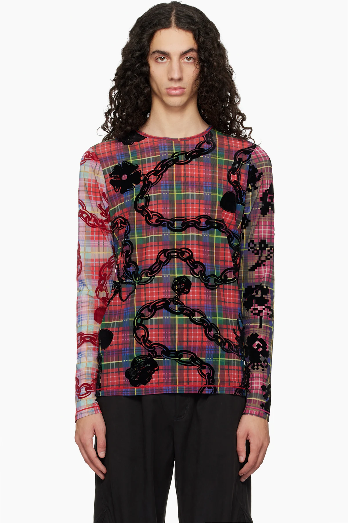 Red Lady Chain Flocked Mesh T-shirt