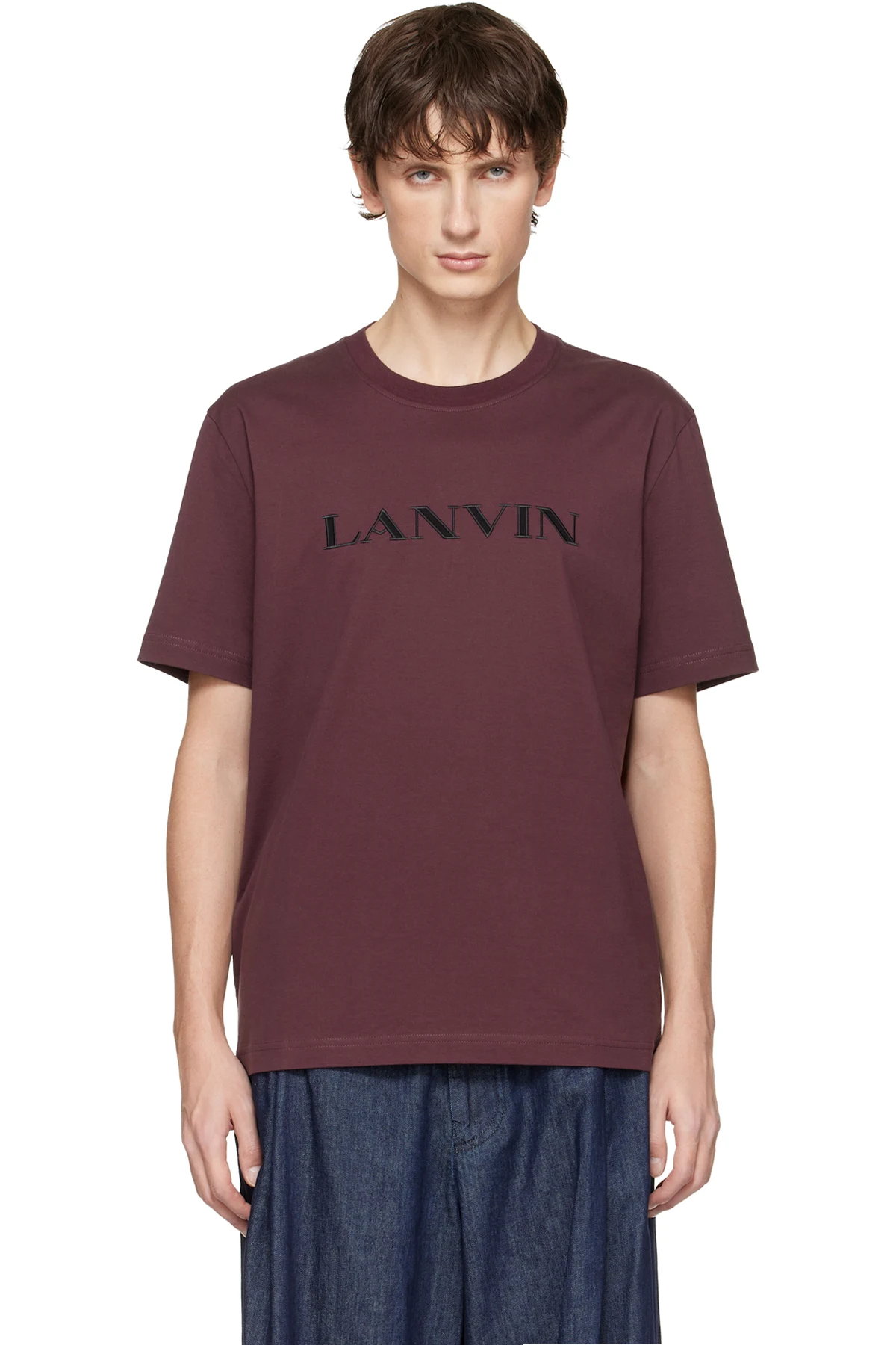 Burgundy 'Lanvin' Embroidered Cotton T-shirt