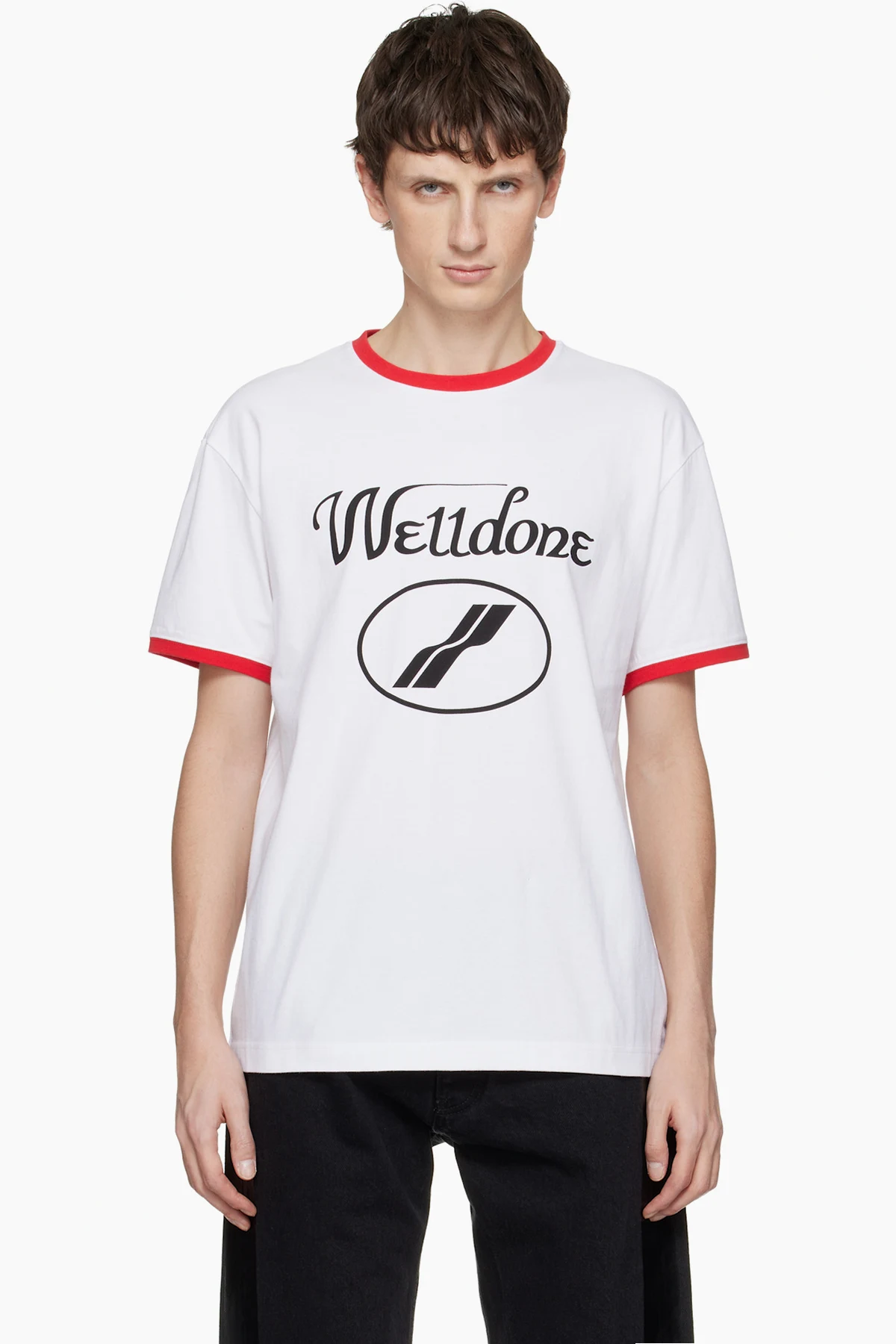 White Cursive Logo Fitted Ringer T-shirt