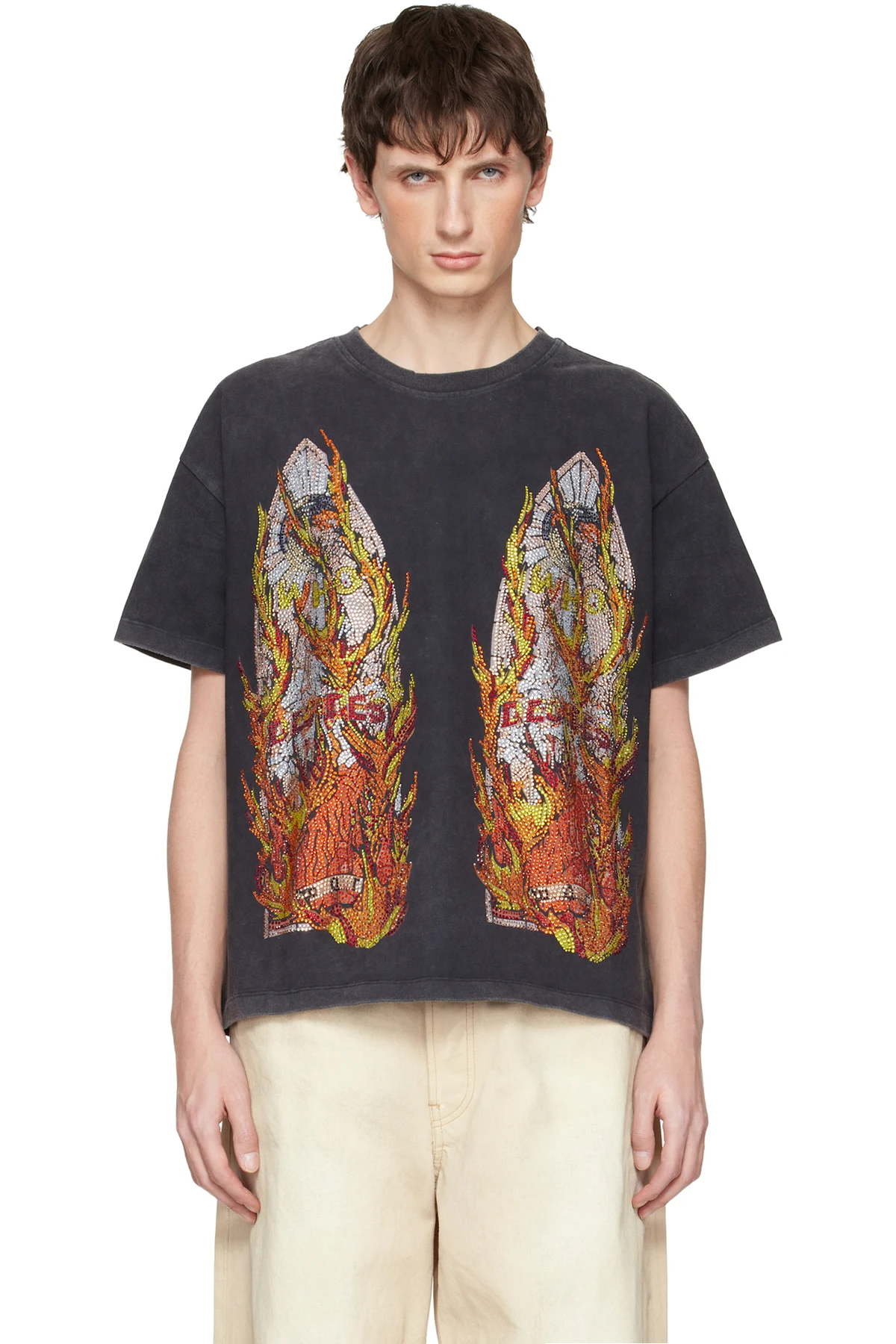 Black Rhinestone Flame Glass T-shirt