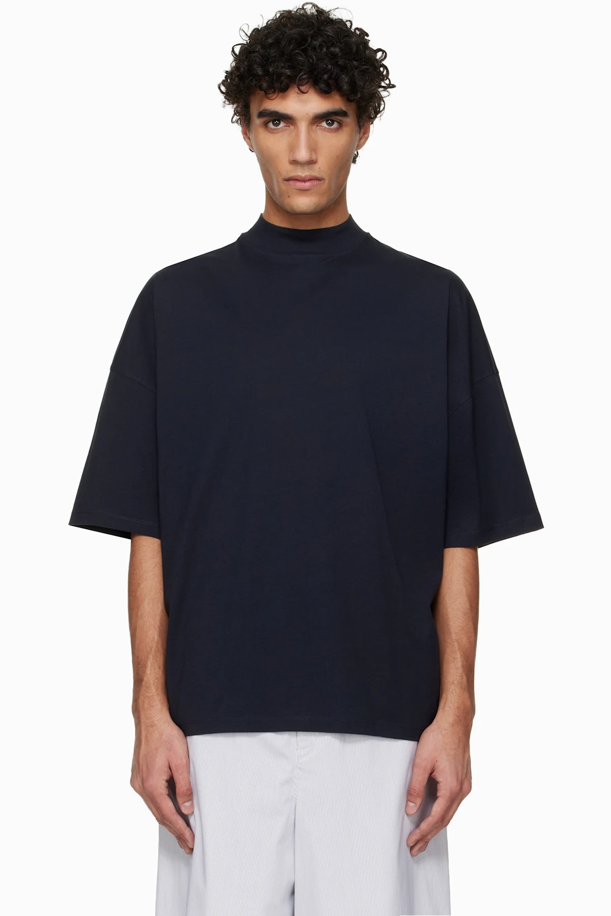 Navy Cotton Mock-Neck T-Shirt